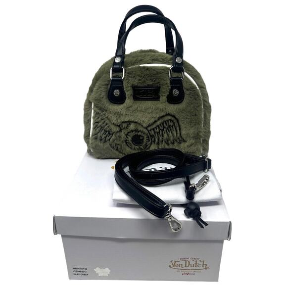 Von Dutch Handbags - Von Dutch Women's Sage Green Vegan Furry Small Bowling Crossbody Hand Bag